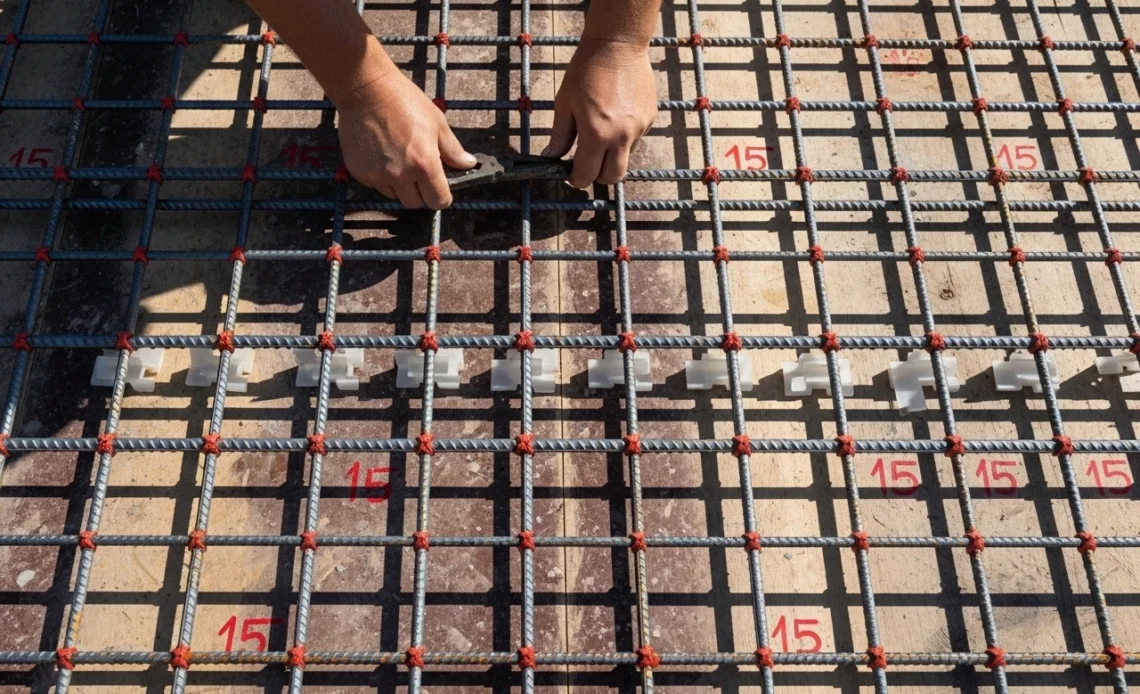 Betonvas szerelés vastávolság mérése mérőszalaggal födémen