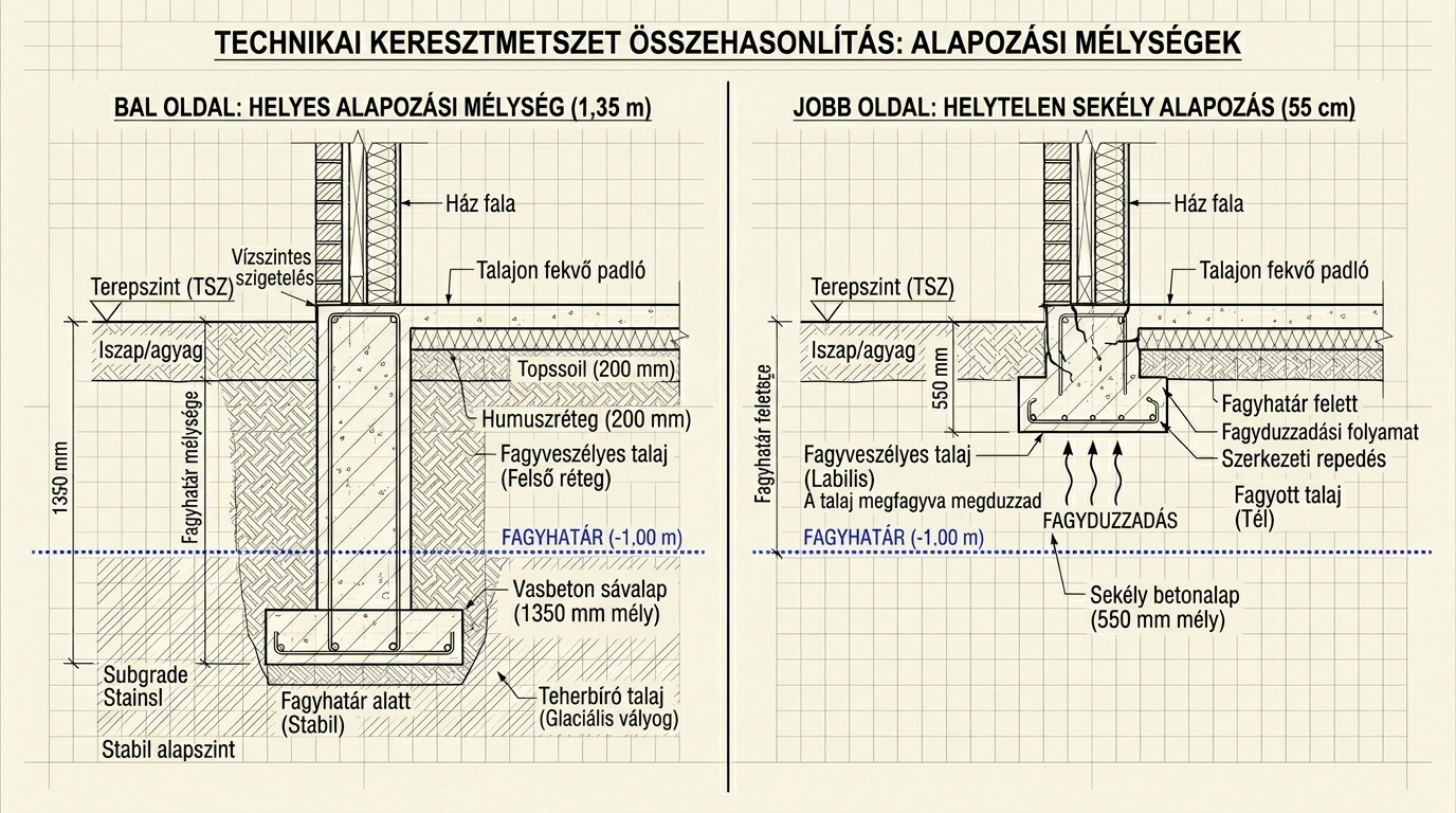 Helyes és hibás alapozás összehasonlítása metszeten 